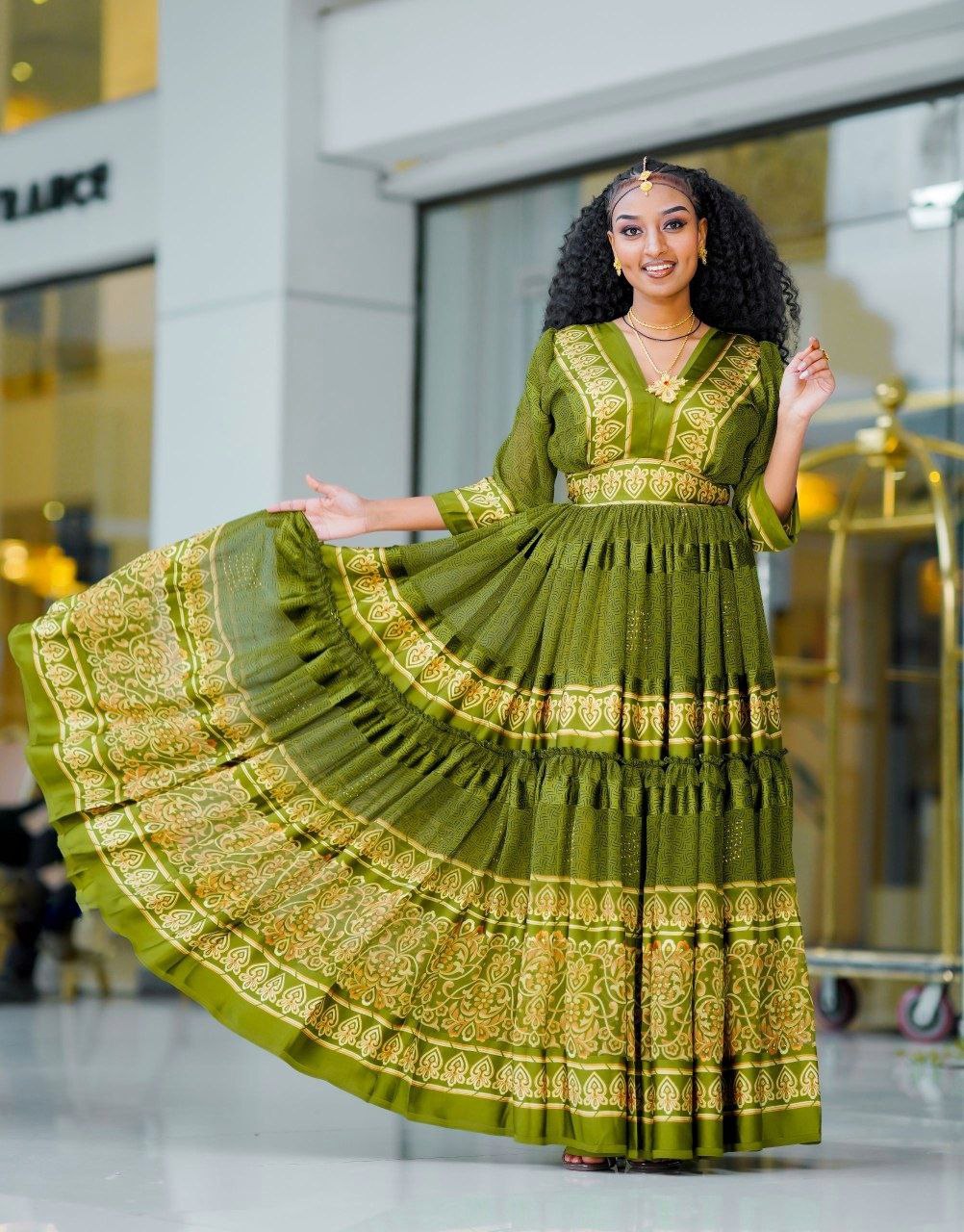 Stunning Light Green Habesha Chiffon: with Golden Embellishment Ethiopian Dress