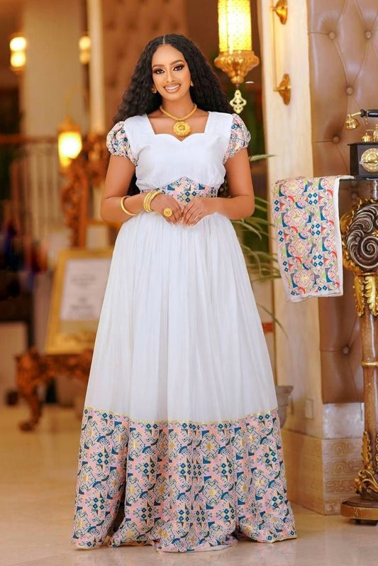 Enchanting Multicolored Habesha Dress: with Bright Floral Traditional Embroidery Ethiopian Dress