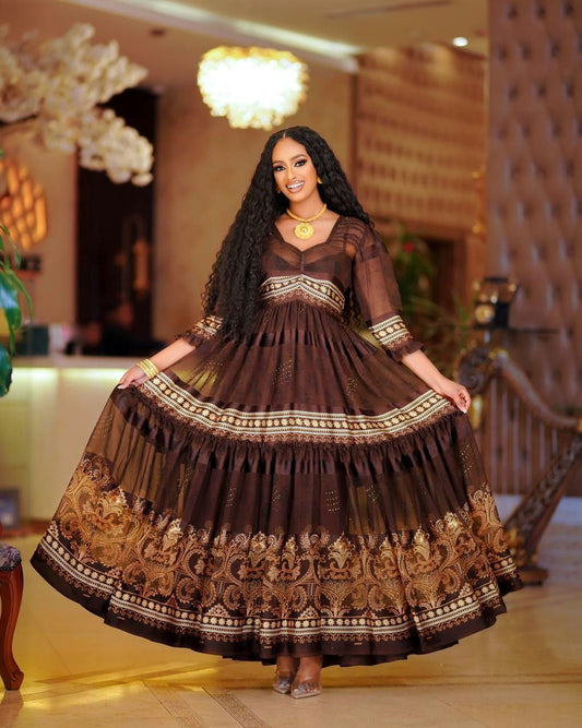 Shiny Dark Brown Habesha Chiffon