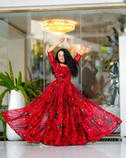 Flowy Red Chiffon Habesha Dress