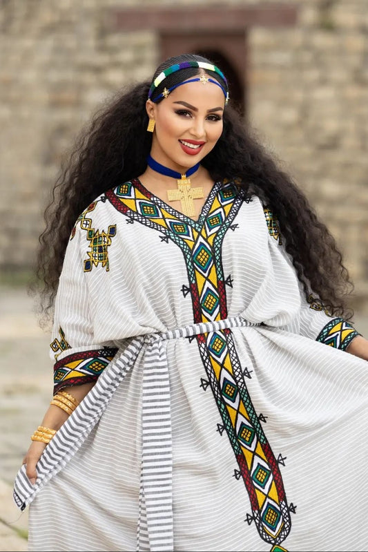Ageless Habesha Look with Gonder Draping Embroidery Design: Traditional Ethiopian Dress