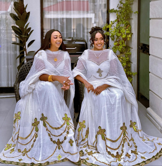 Sparkling Golden Modern  Habesha Dress: with Cross-Stitch Intricate Embroidery Traditional Ethiopian Dress