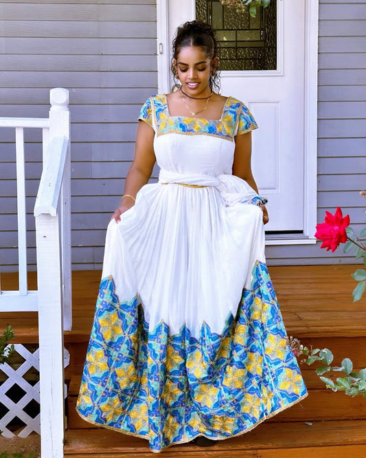 Splendor Blue and Yellow Traditional Ethiopian Dress