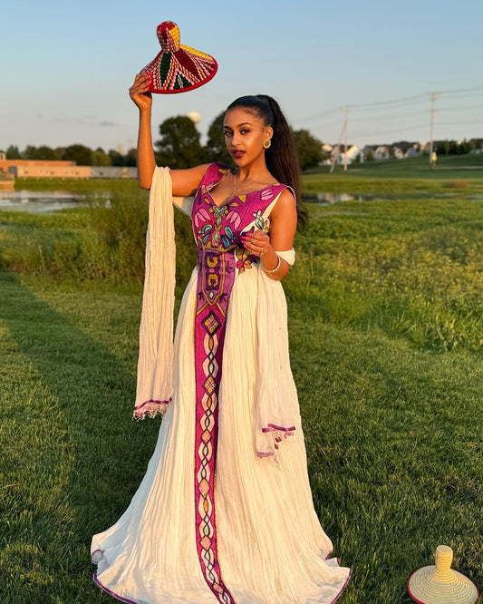 Pink-Based Multicolored Habesha Dress