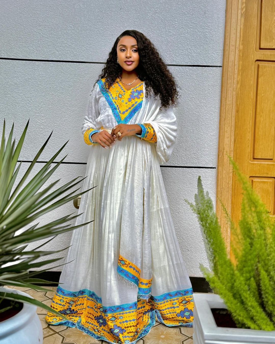 Incredible Light Blue and Yellow Habesha Dress: with Intricate Designing Traditional Ethiopian Dress