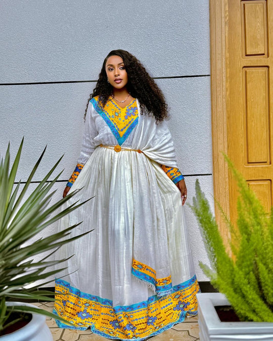 Incredible Light Blue and Yellow Habesha Dress