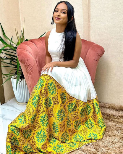 Stylish Yellow with Green Embroidered Traditional Ethiopian Dress: Beautiful Wider Hemline Design Habesha Dress