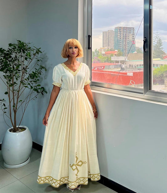 Short Sleeved Beige Habesha Dress