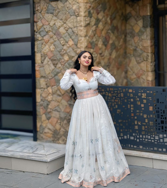 Gorgeous Silver with Pink Embroidery Habesha Dress