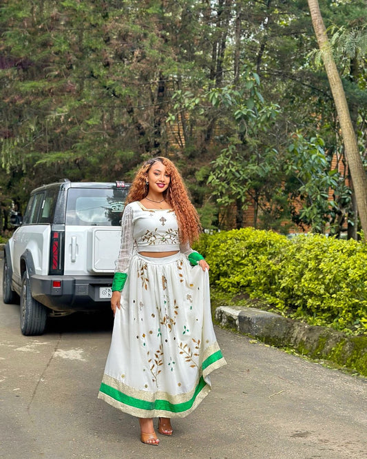 Endearing Green Ornamented Crop Top and Skirt Habesha Dress