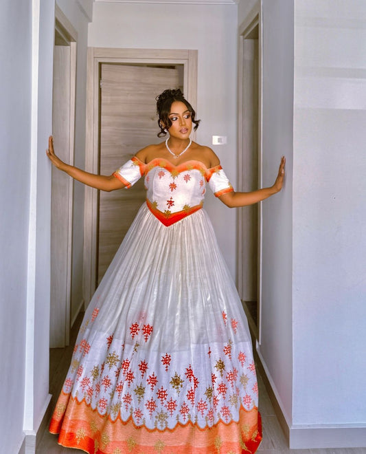 Marvelous Orange and Red Traditional Ethiopian Dress