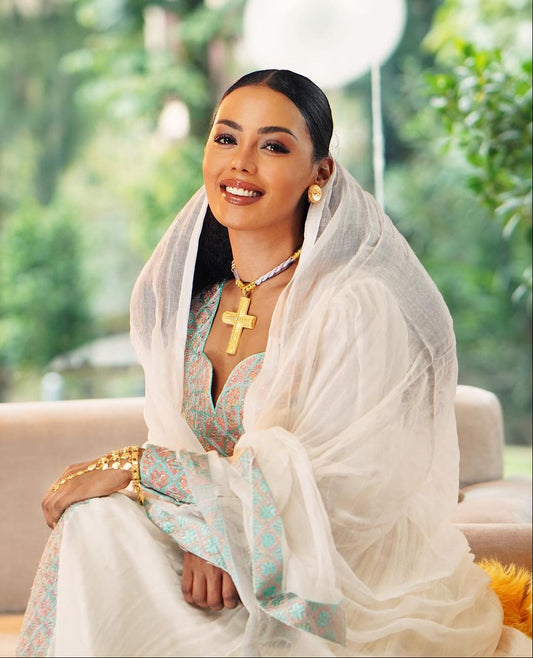 Enchanting Light Blue Habesha Dress: with Red Diamond Detailing Traditional Ethiopian Dress