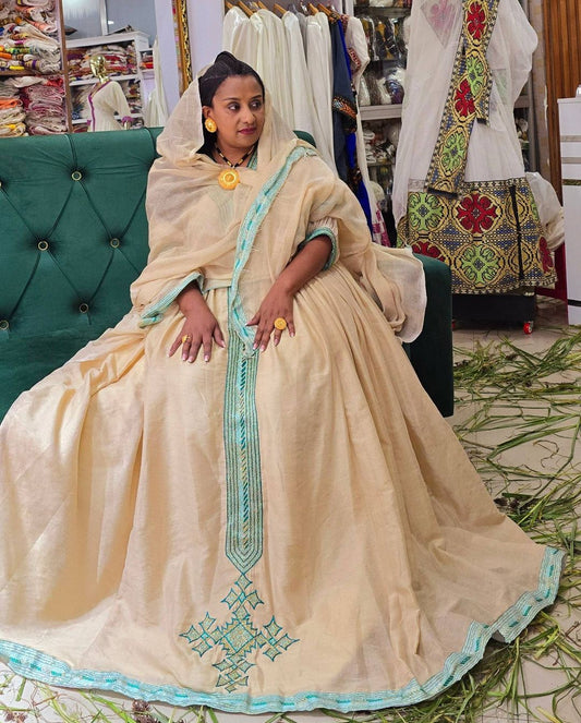 Graceful Off-White Ethiopian Dress: with Blue Cross-Stitched Detailing Habesha Dress