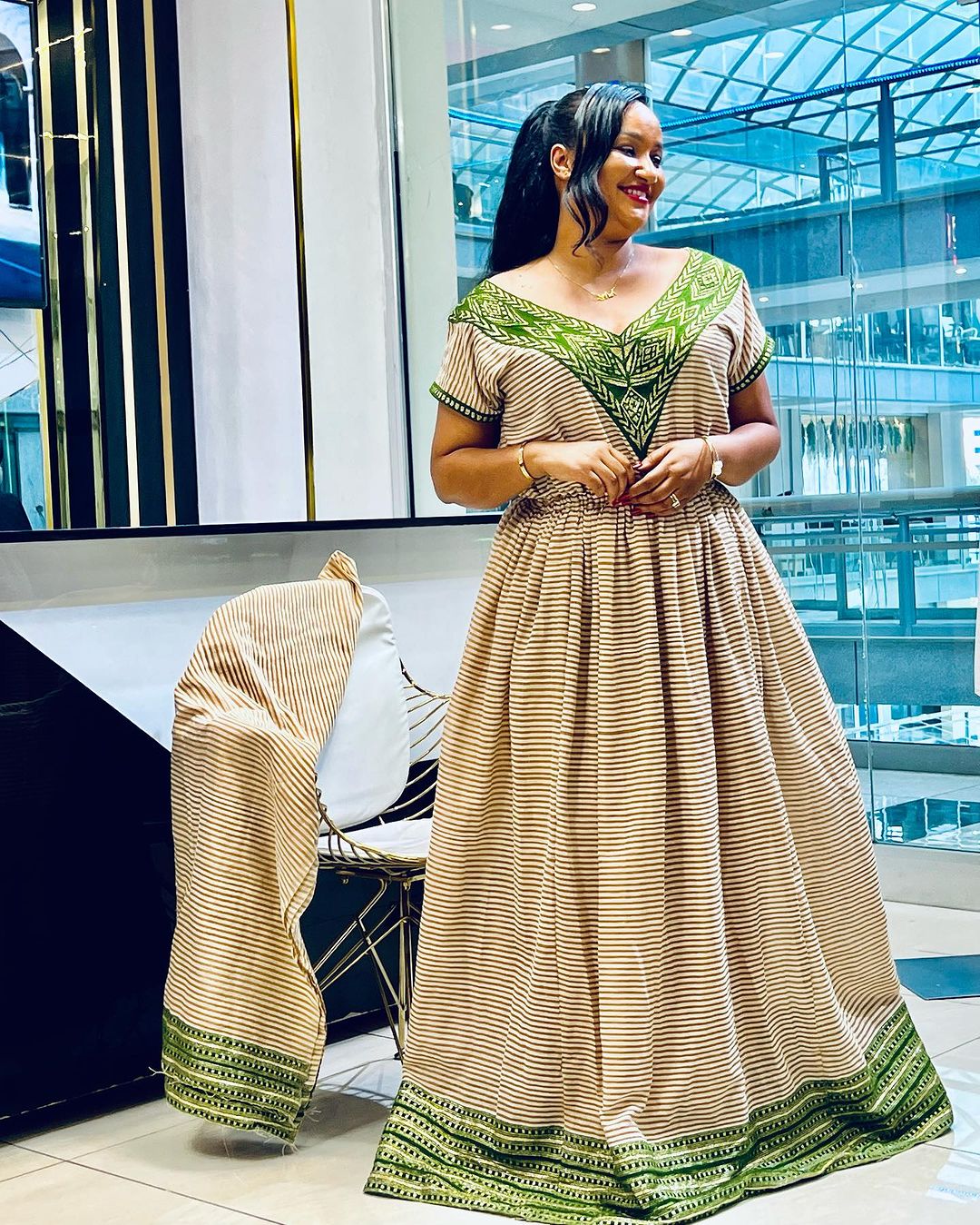Marvelous Beige with Green Traditional Dress: with Amazing Handmade Patterns Habesha Dress S