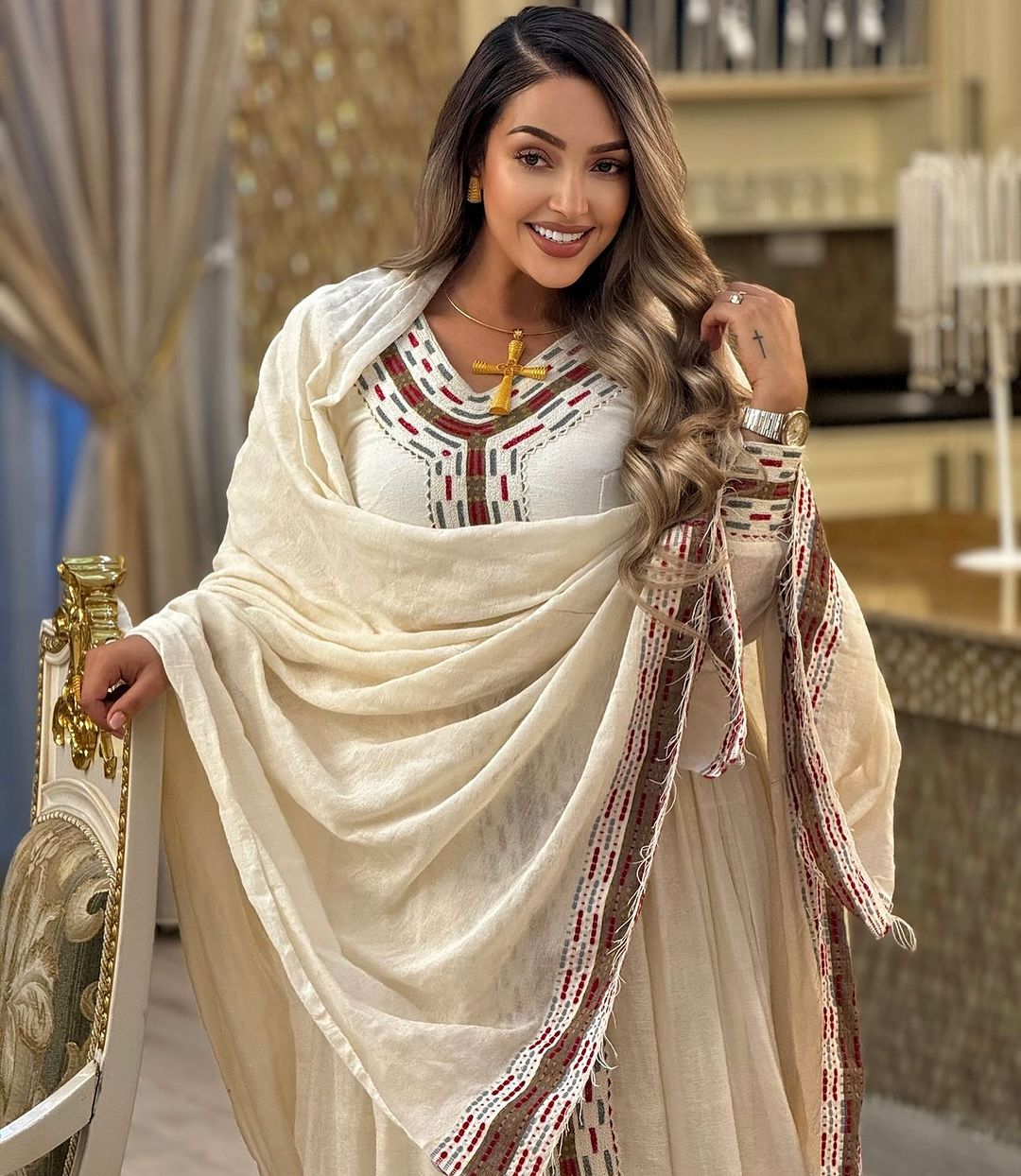 Mesmerizing Cream Habesha Dress: with Red and Brown Cross Stitched Traditional Embroidery Ethiopian Dress