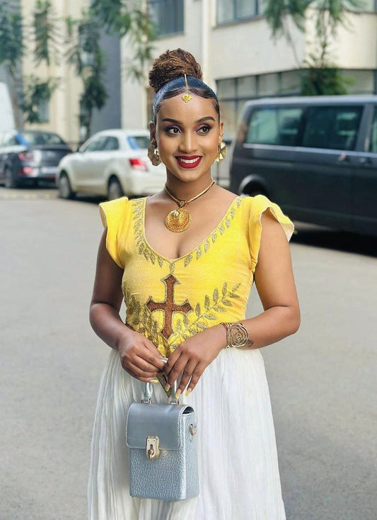 Vivid Yellow Habesha Dress: with Shimmering Cross Detailing Traditional Ethiopian Dress Embroidery Beautiful Habesha Kemis