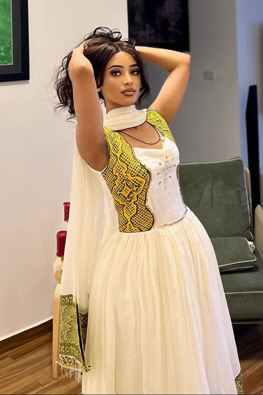 Yellow with Black Handcrafted Traditional Ethiopian Dress: Sleeveless Beautifully Adorned Habesha Dress Classic Habesha Kemis