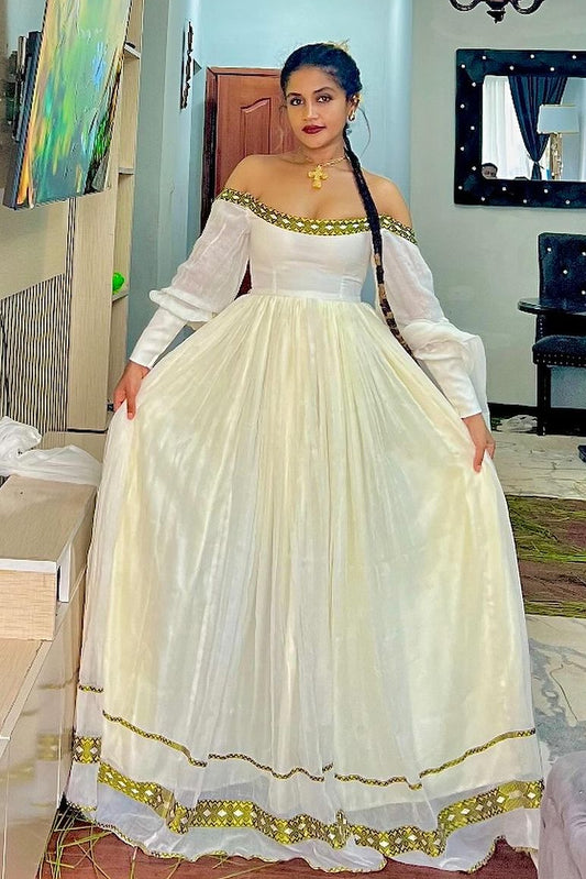 Shimmering Off Shoulder Habesha Dress: with Handmade Thin Adornments Traditional Ethiopian Dress Modern Habesha Kemis