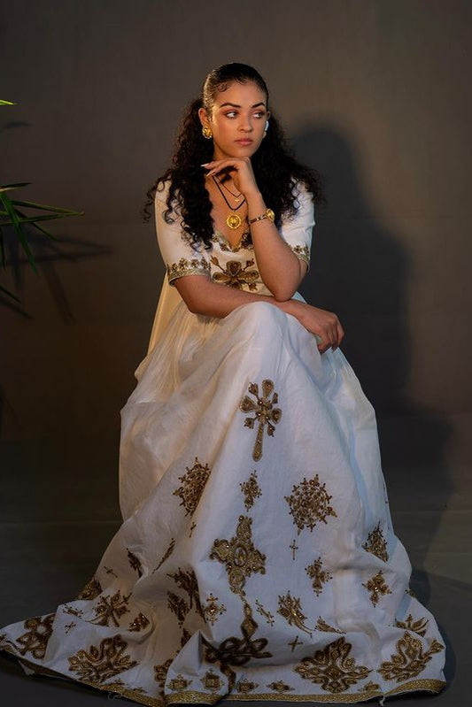 Golden Cross Engraved Traditional Ethiopian Dress: Classic Look with Habesha Dress Beautiful Habesha Kemis