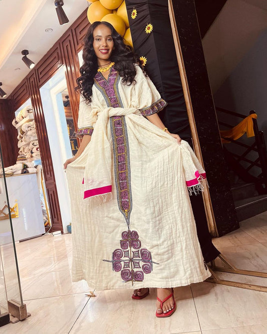 Cultural Purple Embroidered Habesha Dress