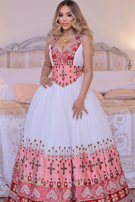 Pink Based Multicolored Eritrean Clothing: with Cross Adornments Ethiopian Traditional Dress  Elegant Ethiopian Wedding Dress