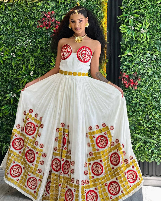 Breathtaking Red Strapless Ethiopian Traditional Dress