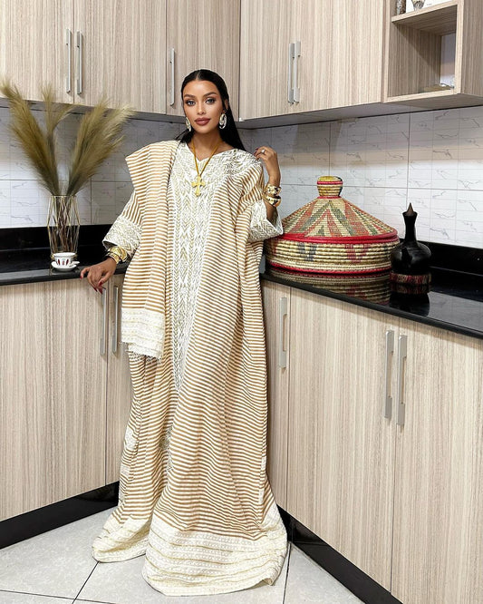 Light Beige Ethiopian Traditional Dress