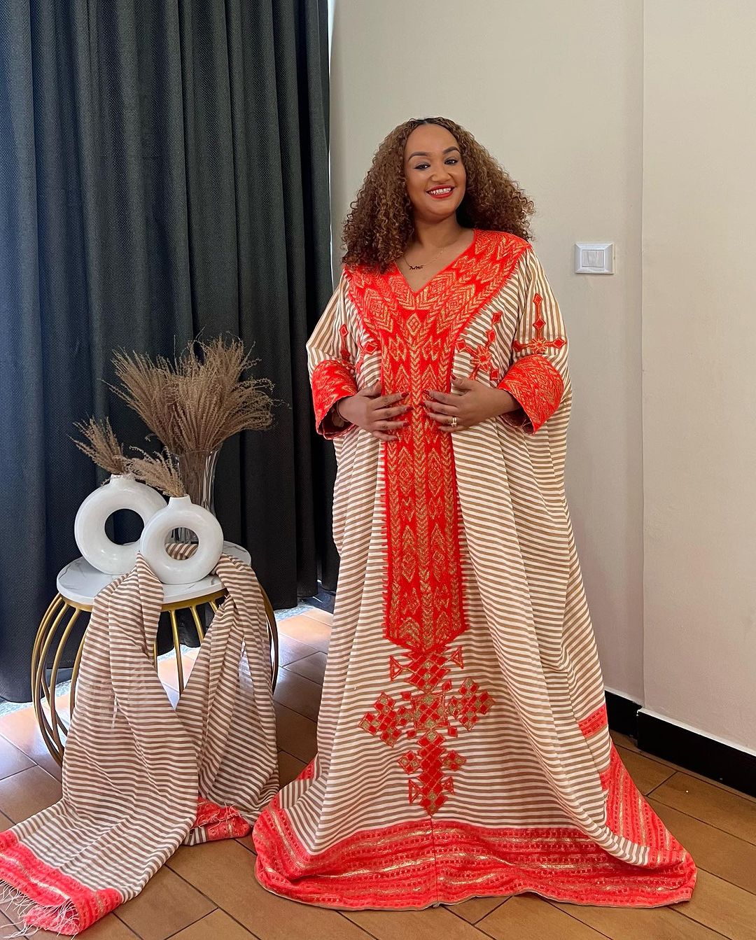 Cream Colored Traditional Ethiopian Dress: with Scarlet Red Handcrafted Habesha Dress Relaxed Eritrean Clothing