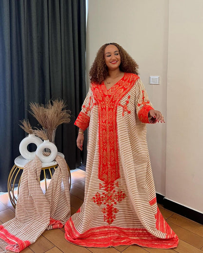 Cream Colored Traditional Ethiopian Dress: with Scarlet Red Handcrafted Habesha Dress Relaxed Eritrean Clothing