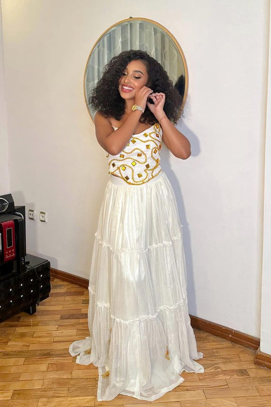 Stylish Beaded Habesha Dress: Flowy Relaxed Look in Ethiopian Traditional Ethiopian Dress Simple Habesha Kemis