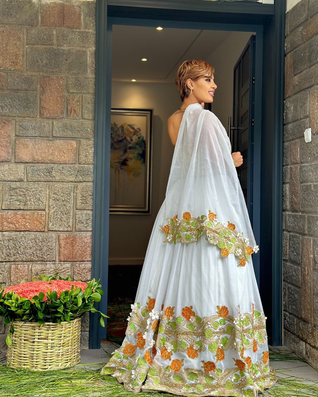 Glamourous Green with Orange Ethiopian Traditional Dress: Handcrafted Flowery and Cross Embroidery on Habesha Dress Beautiful Ethiopian Wedding Dress