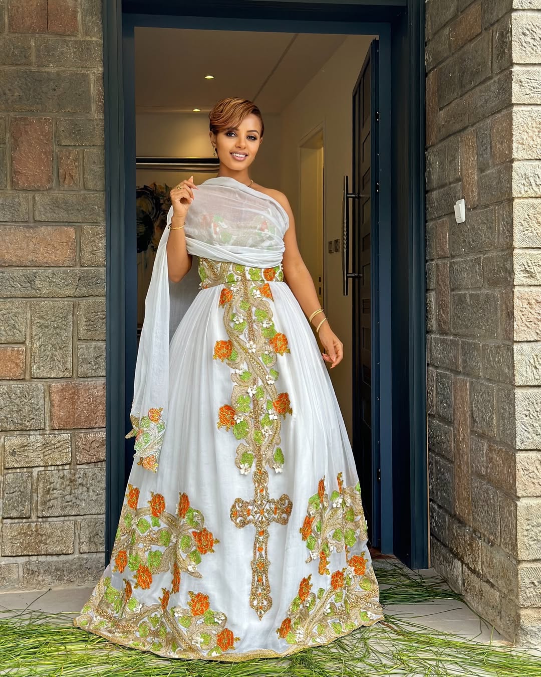 Glamourous Green with Orange Ethiopian Traditional Dress: Handcrafted Flowery and Cross Embroidery on Habesha Dress Beautiful Ethiopian Wedding Dress