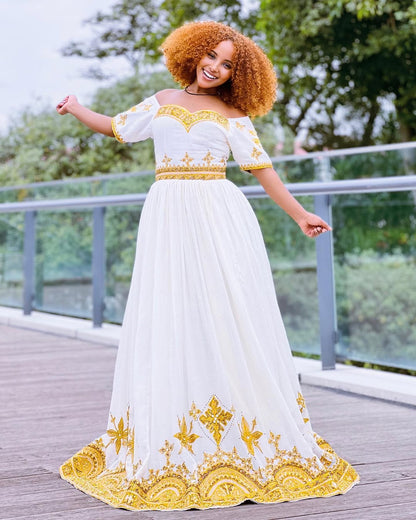 Modern Golden Ethiopian Traditional Dress: Off Shoulder Chic Habesha Dress Tailored for Any Event Habesha Kemis