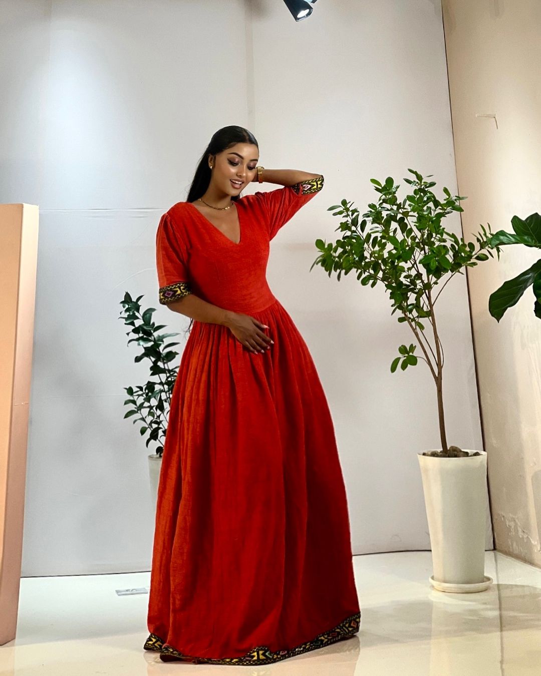 Polished Look with Red Traditional Ethiopian Dress: Short Sleeved Modern Habesha Dress Elegant Habesha Kemis