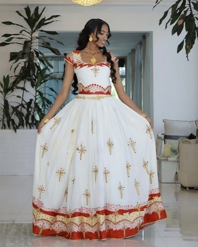 Celebration of Love in Red Habesha Couples Outfit Dress