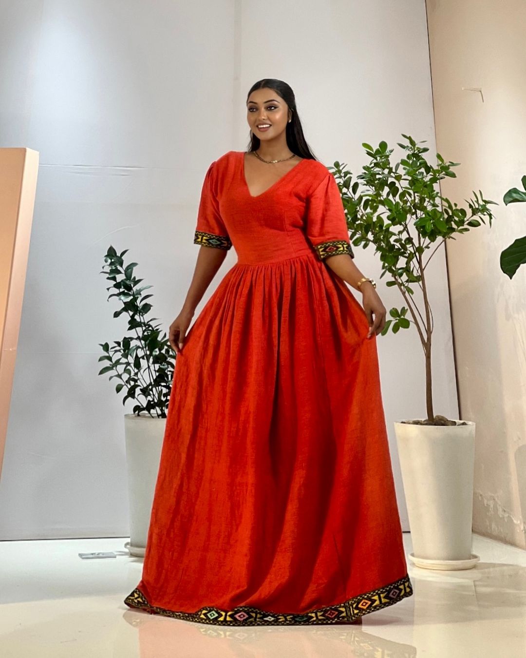 Polished Look with Red Traditional Ethiopian Dress: Short Sleeved Modern Habesha Dress Elegant Habesha Kemis