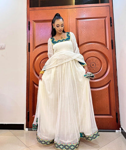 Glorious Green Traditional Ethiopian Dress: Simple yet Elegant Habesha Dress Beautifully Crafted Habesha Kemis