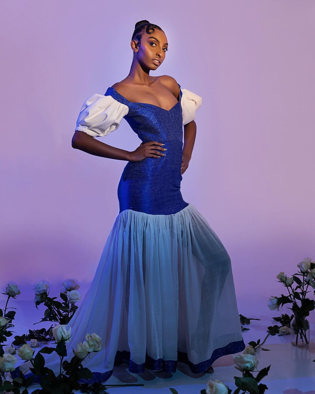 Vibrant Blue Trdaitional Ethiopian Dress: Off Shouldered Modern Design on Habesha Dress Beautiful Habesha Kemis