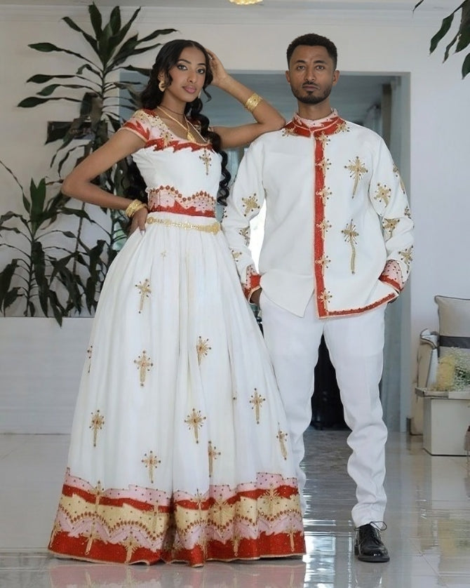 Celebration of Love in Red Habesha Couples Outfit