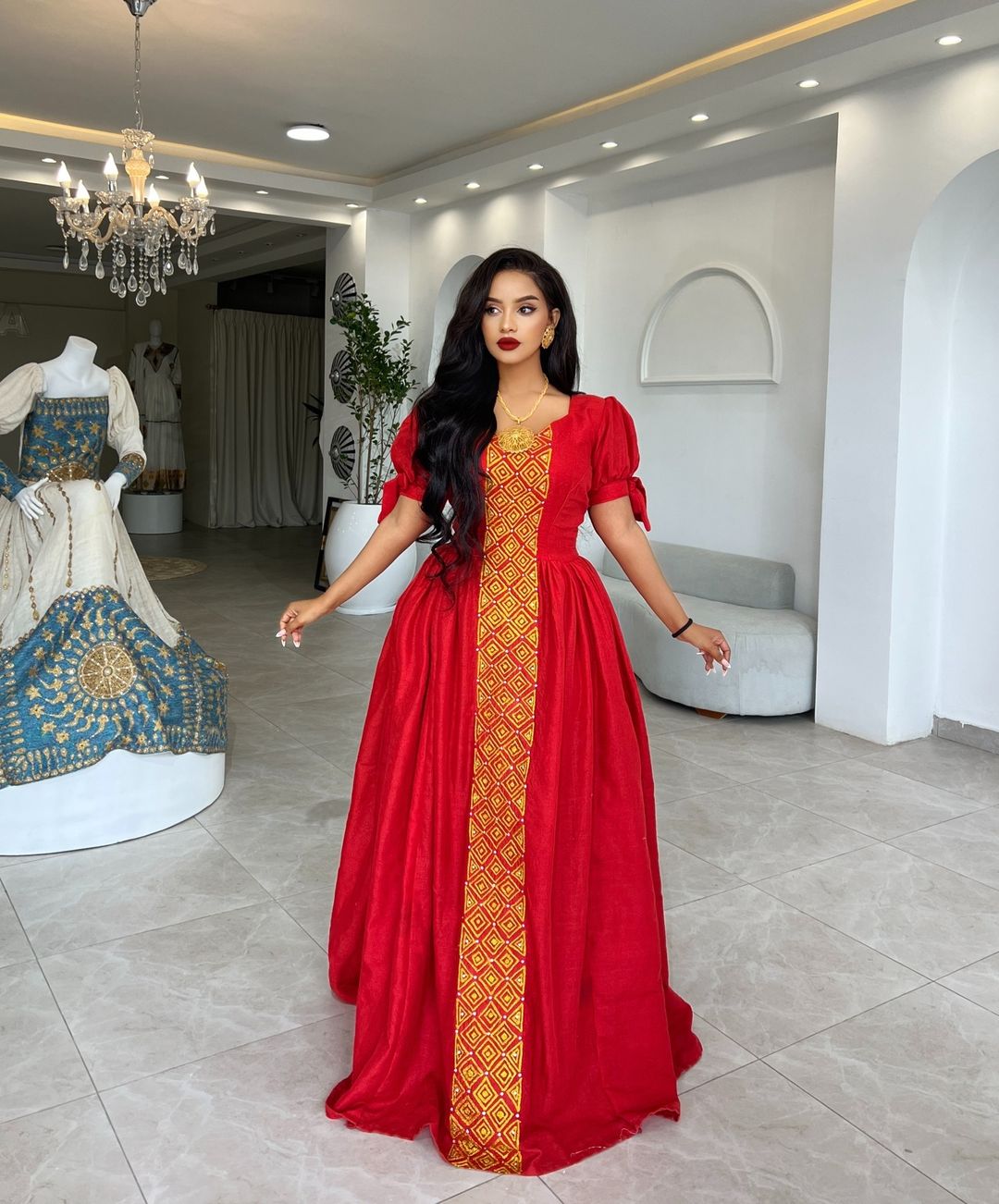 Striking Red Traditional Ethiopia Dress: with Golden Long Cultural Embroidery Habesha Dress Stunning Eritrean Clothing