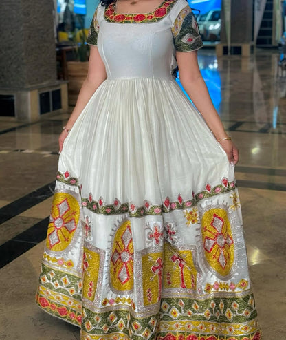 Colorful Design on Traditional Ethiopian Dress: Intricate Embroidery Habesha Dress Beautiful Habesha Kemis