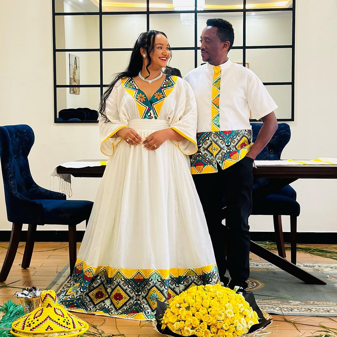 Vibrant Yellow Ethiopian Wedding Outfit: Newly Designed Matching Habesha Couples Outfit