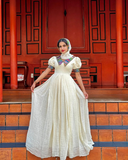 Stylish Creamy Traditional Ethiopian Dress