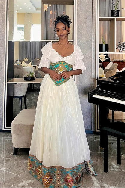 Hypnotic Green Habesha Dress: Shimmering Corseted Ethiopian Traditional Dress Beautiful New Designed Habesha Kemis