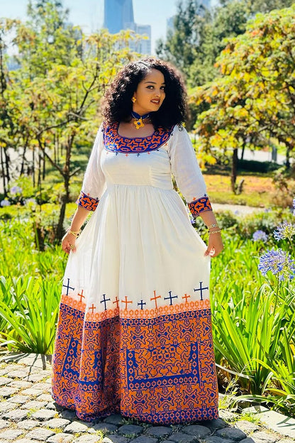 Splendid Cultural Habesha Dress: Colorful Cross Stitched Ethiopian Traditional Dress Elegant Ethiopian Wedding Dress
