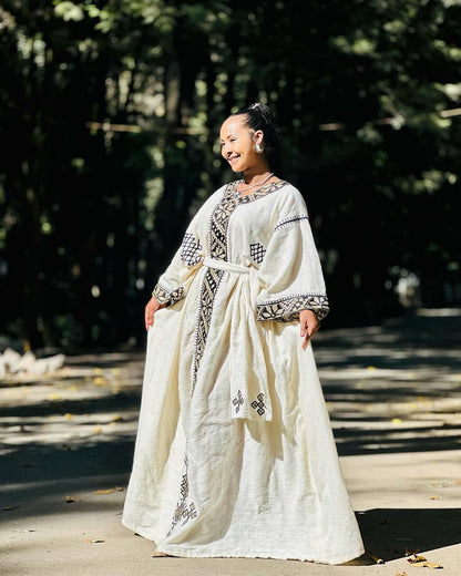 Timeless Cream Habesha Dress: Handcrafted Black Embroidery on Traditional Ethiopian Dress Cultural Habesha Kemis