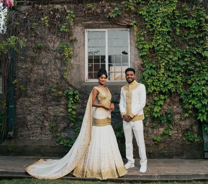 Exquisite Golden Matching Ethiopian Couples Wedding Outfit: Sophistication and Elegance with Habesha Couples Attire for Your Special Day