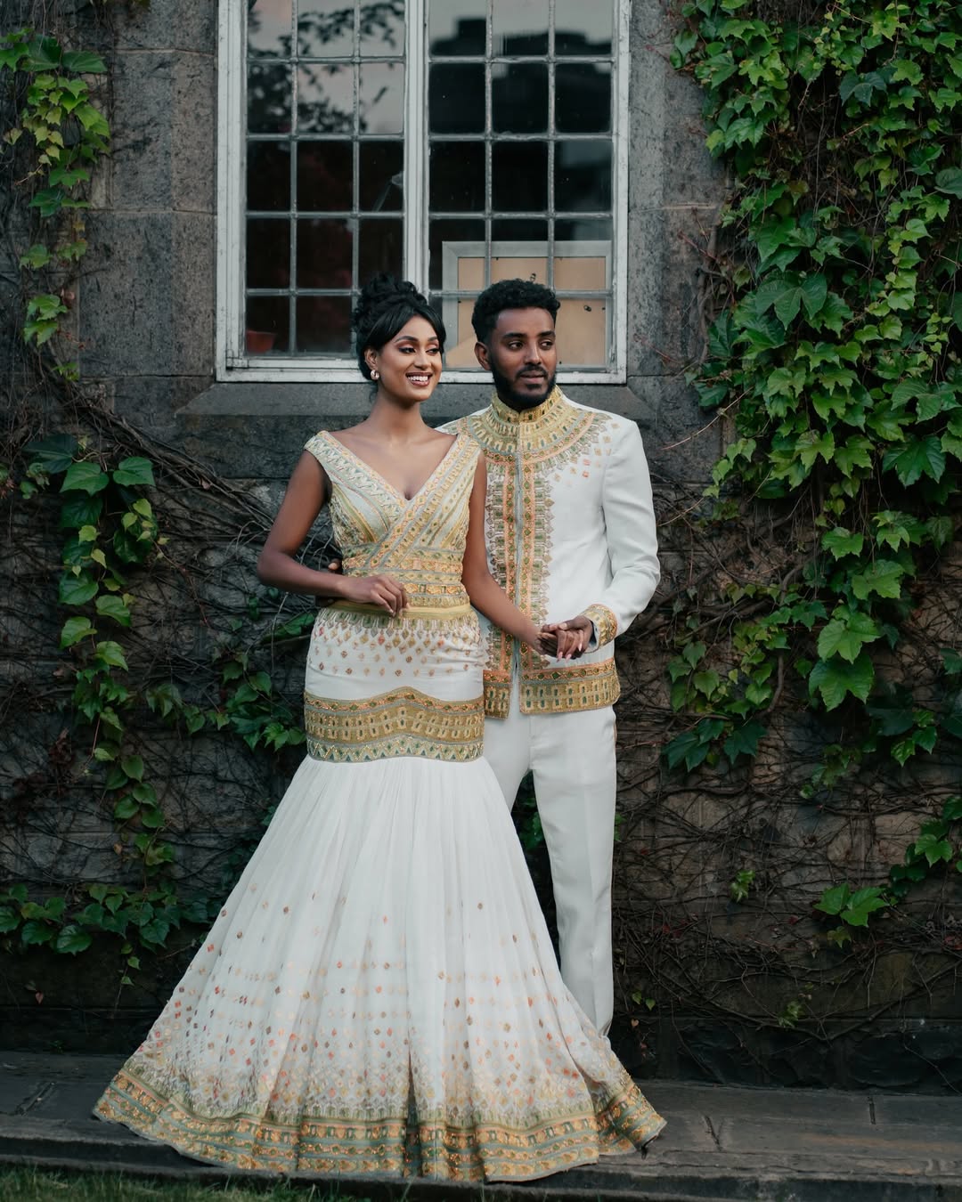 Exquisite Golden Matching Ethiopian Couples Wedding Outfit