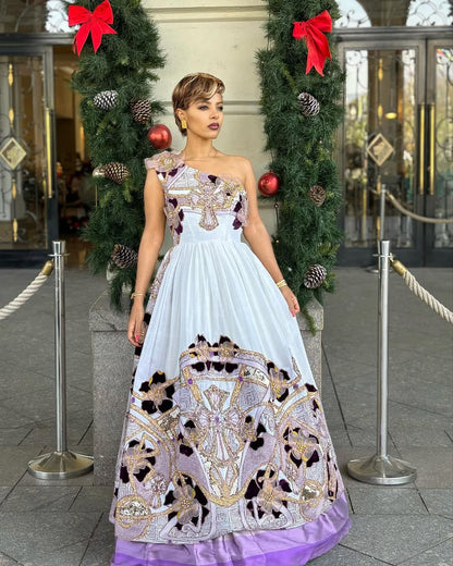 Glorious One Sleeve Purple Habesha Dress