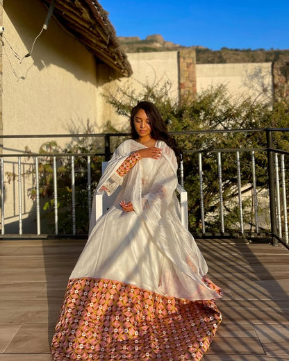 Enchanting Light Pink Traditional Ethiopian Dress: Rectangular Embellishments Habesha Dress for Huge Gatherings Eritrean Clothing